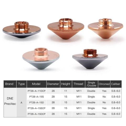 10 Pack Double Chromed Laser Nozzles for Fiber Laser Engravers and Cutters front view, brass construction, 28mm 1.2mm M11