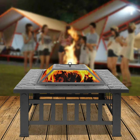 32 Inch Wood Fire Pit With Mesh Lid And Fire Poker Portable Outdoor Fireplace for Backyard Hangout at night