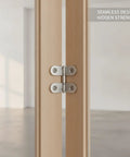 Low Profile Flush Mount Cross Hinge For No Fuss Doors And Folding Tables, Stainless Steel Pivot, Easy Install, Hidden Hardware on wood panel