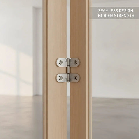 Low Profile Flush Mount Cross Hinge For No Fuss Doors And Folding Tables, Stainless Steel Pivot, Easy Install, Hidden Hardware on wood panel