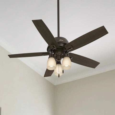Donegan Onyx Bengal Ceiling Fan With LED Light Kit And Pull Chain, 52 Inch, installed in a modern living room ceiling.