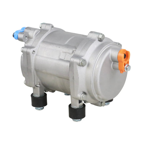 Heavy Duty 12 Volt Electric AC Compressor For R134a Systems Plug And Play Drop In Swap with external fittings and control switch.