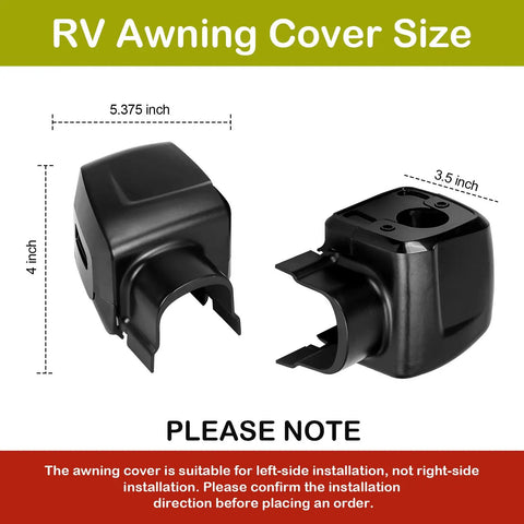 Right Arm Power RV Awning Cover And Motor End Cap Replacement Kit, Black, showing size dimensions and installation note