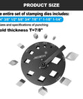Product size details for Diamond Shape Disc Cutter Set Nine Piece Punch Mold Kit showing various diamond sizes and mold thickness.