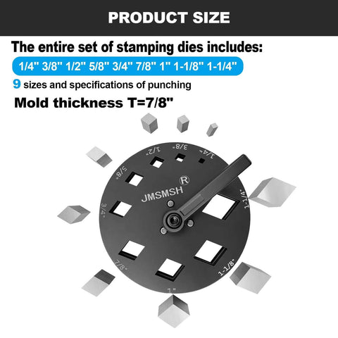 Product size details for Diamond Shape Disc Cutter Set Nine Piece Punch Mold Kit showing various diamond sizes and mold thickness.