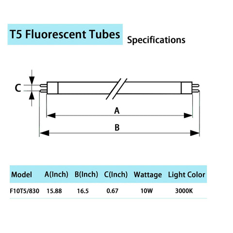 Diagram of 16 Inch Fluorescent T5 Replacement Bulbs 10W 3000K Warm White G5 Bipin Base with specifications