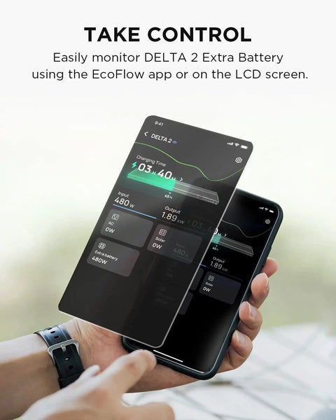 User monitoring Delta 2 Smart Extra Battery 1024Wh LiFePO4 Expansion on smartphone app for power station capacity check.
