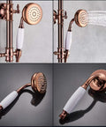 UMJIGF 8 Inch Rose Gold Shower System with Cold and Hot Water Shower Combo Set Multifunction Single Handle Shower Faucet Set with Handheld Shower, Top Fall Shower Head, Swivel B, handheld shower head close-up.