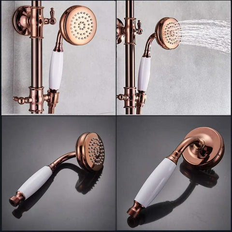 UMJIGF 8 Inch Rose Gold Shower System with Cold and Hot Water Shower Combo Set Multifunction Single Handle Shower Faucet Set with Handheld Shower, Top Fall Shower Head, Swivel B, handheld shower head close-up.