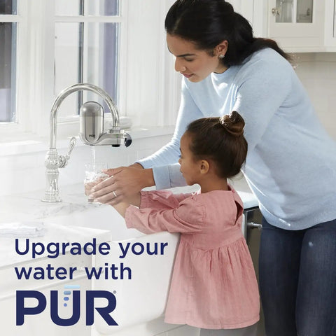 Mother and daughter use Lead Reducing Faucet Mount Water Filter with Easy Install, 100 Gallon Capacity on kitchen sink.