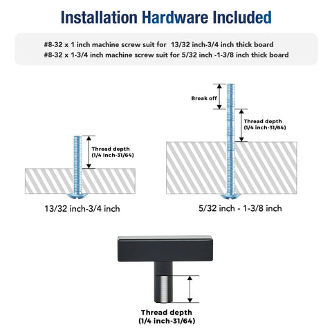 Image showing installation hardware details for Knockout Matte Black Square Cabinet Pulls Single Hole Kitchen Drawer And Door Hardware 30 Pack.