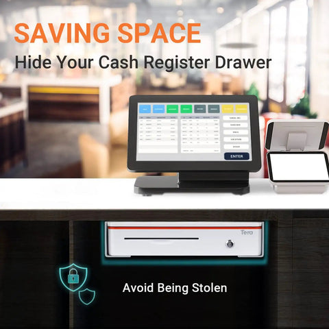 Universal Under Counter Cash Drawer Mounting Bracket Kit for 13 to 16 Inch Drawers in retail setting with tablet.