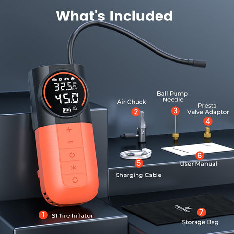 S1 Tire Inflator Portable Air Compressor Cordless Pump with LED Light, digital gauge, and accessories on display