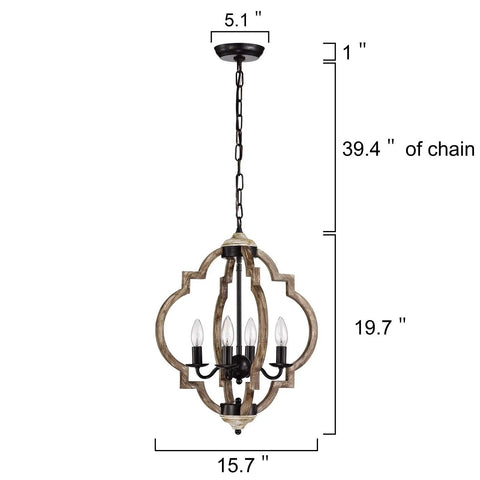 Openwork Quatrefoil Modern Farmhouse Chandelier Handcrafted Wood Frame In Oak Finish Four Light Pendant Ceiling Fixture