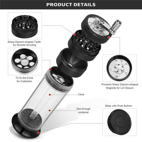 Exploded view of 3-In-1 Hand Crank Spice Grinder Roller Crusher Filler For Flower Buds Milling And Grinding With Magnetic Lid And Storage