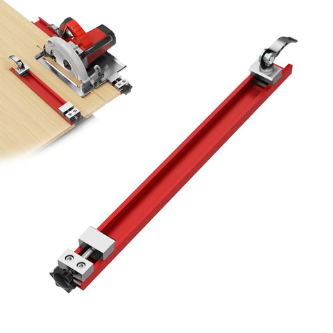 Adjustable Aluminum Circular Saw Guide Rail for Precision Woodworking, Durable Base Guide Fits 12 Inch Saws in red.