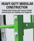 Close-up of heavy-duty modular construction for Super Heavy Rolling Storage Cart, solid steel frame with bolted connections.