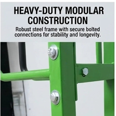 Close-up of heavy-duty modular construction for Super Heavy Rolling Storage Cart, solid steel frame with bolted connections.
