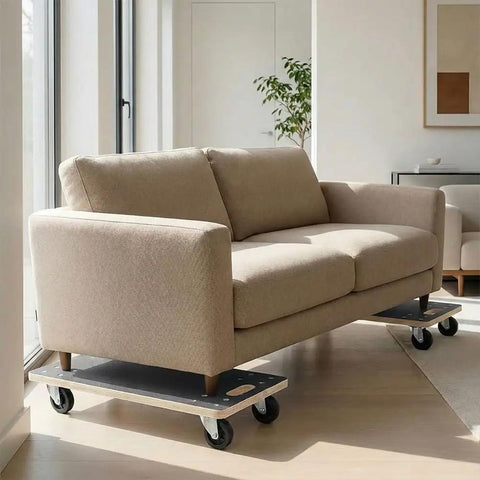 Heavy Duty Furniture Dolly 2 Pack With 1320 Lbs Capacity, Smooth Swivel Casters support a couch on a sturdy plywood base.