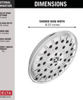 Universal Showerhead With Lumicoat Chrome Finish Model 52487-PR H2Okinetic Technology dimensions and spray settings chart