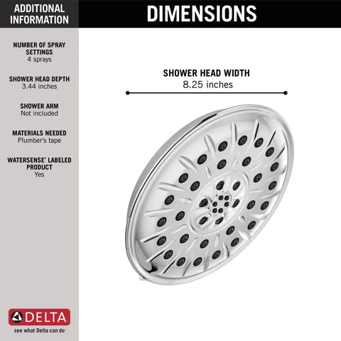 Universal Showerhead With Lumicoat Chrome Finish Model 52487-PR H2Okinetic Technology dimensions and spray settings chart