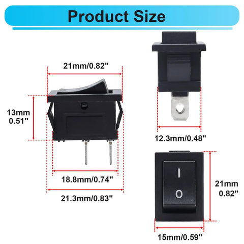Dimensions of 8 Pack 12V Rocker Toggle Switches On Off SPST 2 Pin 2 Position Latching for Car Auto Boat Marine Industrial Applications