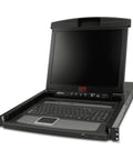 No Sweat Plug And Play Rack Lcd Console With Integrated 8 Port Analog Kvm Switch Plus 1U Rack Mountable Rig showing open screen and keyboard.