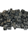Heavy Duty 10-32 Slide On Cage Nuts 100 Pack Black Oxide Steel for Network Server Racks stacked together.