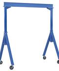 No Sweat Heavy Duty Steel Fixed Gantry Crane With V Groove Cast Iron Casters 15 Foot Span And 4000 Lb Lift Capacity view with blue paint and caster wheels.