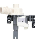 Front view of washing machine drain pump, white plastic body with gray mounting bracket and inlet hose fitting.