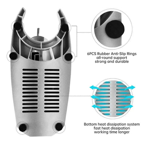 Electric Ice Shaver With Prevent Splash Design 3 Blade Snow Cone Machine 380W Shaved Ice Maker Cranks Out Up To 286 Lbs Per Hour Home Use Ice Crusher With Free Ice Pick Silver bottom view showing rubber anti-slip rings and heat dissipation system.