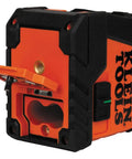 Klein Tools laser level, bright orange with black accents, front view. Designed for quick leveling with bright green cross lines up to 50 ft.