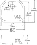 Technical diagram of Dayton DXUH2118 Single Bowl Undermount Stainless Steel Kitchen Sink For 27 Inch Cabinets with dimensions