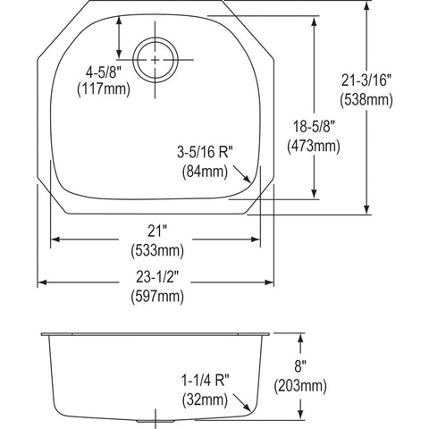 Technical diagram of Dayton DXUH2118 Single Bowl Undermount Stainless Steel Kitchen Sink For 27 Inch Cabinets with dimensions