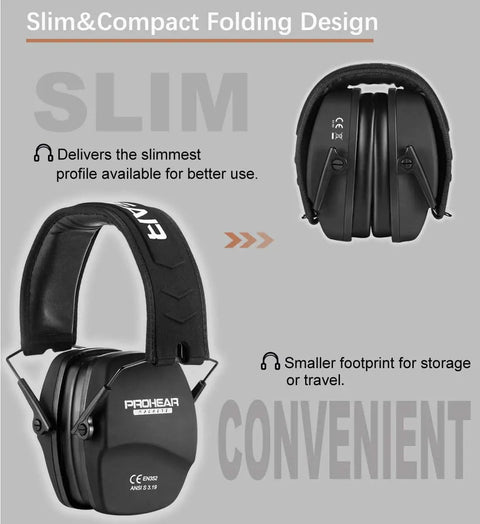 Gel Ear Seals Shooting Earmuffs With NRR 26dB Noise Reduction, Slim Low Profile Folding Hearing Protection, black.