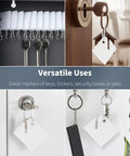 50 Pcs 1.5 Inch Slotted Key Tags With Metal Snap Hooks White Plastic Hanging Tags For Key Cabinets Boxes And Lockers Durable Frosted Square ID Tags For Home Office And Garage Organization shown in use