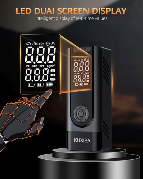 Portable Tire Inflator Air Compressor With Digital Pressure Gauge, 180 PSI, LED display features, sleek black design