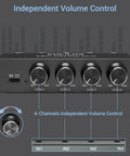Front view of 4 Channel Ultra Low Noise Mini Audio Mixer With 3.5mm Input For Guitars Bass And Keyboards, showing volume knobs.