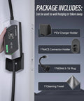 Package includes of Ready For Tesla Level 1 And Level 2 Portable EV Charger, 32A Wall Charger and accessories displayed