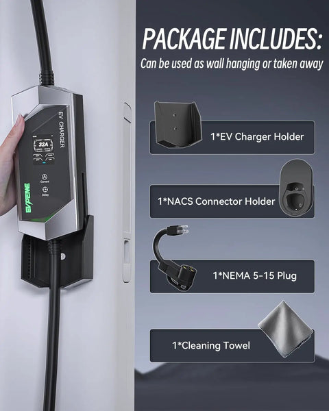 Package includes of Ready For Tesla Level 1 And Level 2 Portable EV Charger, 32A Wall Charger and accessories displayed