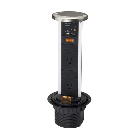 Waterproof Pull Up Power Bar With Two AC Outlets And Dual USB Ports Retractable Receptacle In Brushed Nickel Finish IP54