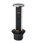 Waterproof Pull Up Power Bar With Two AC Outlets And Dual USB Ports Retractable Receptacle In Brushed Nickel Finish IP54