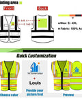 Fresh High Visibility Safety Vest With Custom Logo Design And Front Zipper Featuring Glow In The Dark Reflective Tape For Construction Job Sites And Road Crews, displayed front and back with customization options.