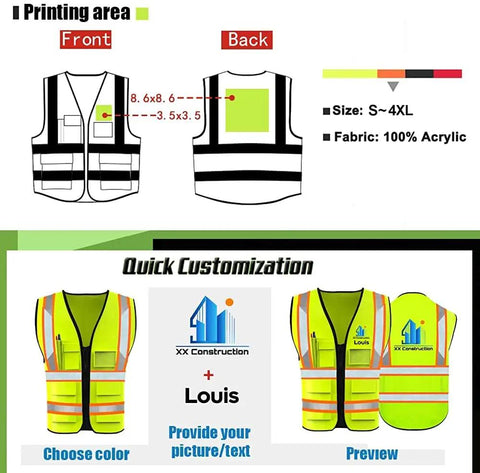 Fresh High Visibility Safety Vest With Custom Logo Design And Front Zipper Featuring Glow In The Dark Reflective Tape For Construction Job Sites And Road Crews, displayed front and back with customization options.
