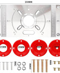 Heavy Duty Aluminum Router Table Insert Plate Kit with four red rings and sixteen mounting bolts for woodworking projects.