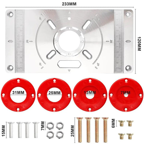 Heavy Duty Aluminum Router Table Insert Plate Kit with four red rings and sixteen mounting bolts for woodworking projects.