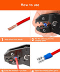 Gorffy 300pcs insulated wire connector kit with blue spade terminals; instructional collage showing stripping wire and crimping steps