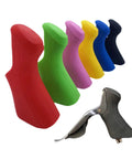 Colorful silicone brake lever hood covers and Ultegra ST-6870 shifter, showing durable grippy soft grip, vibration dampening, brake protector.