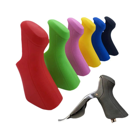 Colorful silicone brake lever hood covers and Ultegra ST-6870 shifter, showing durable grippy soft grip, vibration dampening, brake protector.