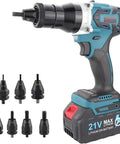 Heavy Duty Cordless Rivet Nut Gun With Brushless Motor And Rechargeable Battery Pack showing tool with multiple nut sizes and battery.